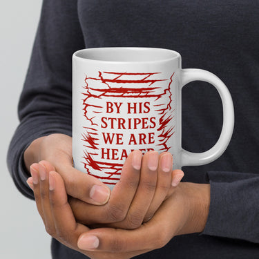 Model with 20oz white Christian mug – Isaiah 53:5 red scripture side shown boldly